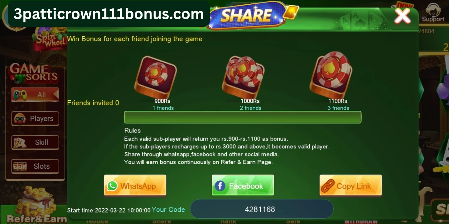 3 Patti Crown 111 Bonus — Refer & earn